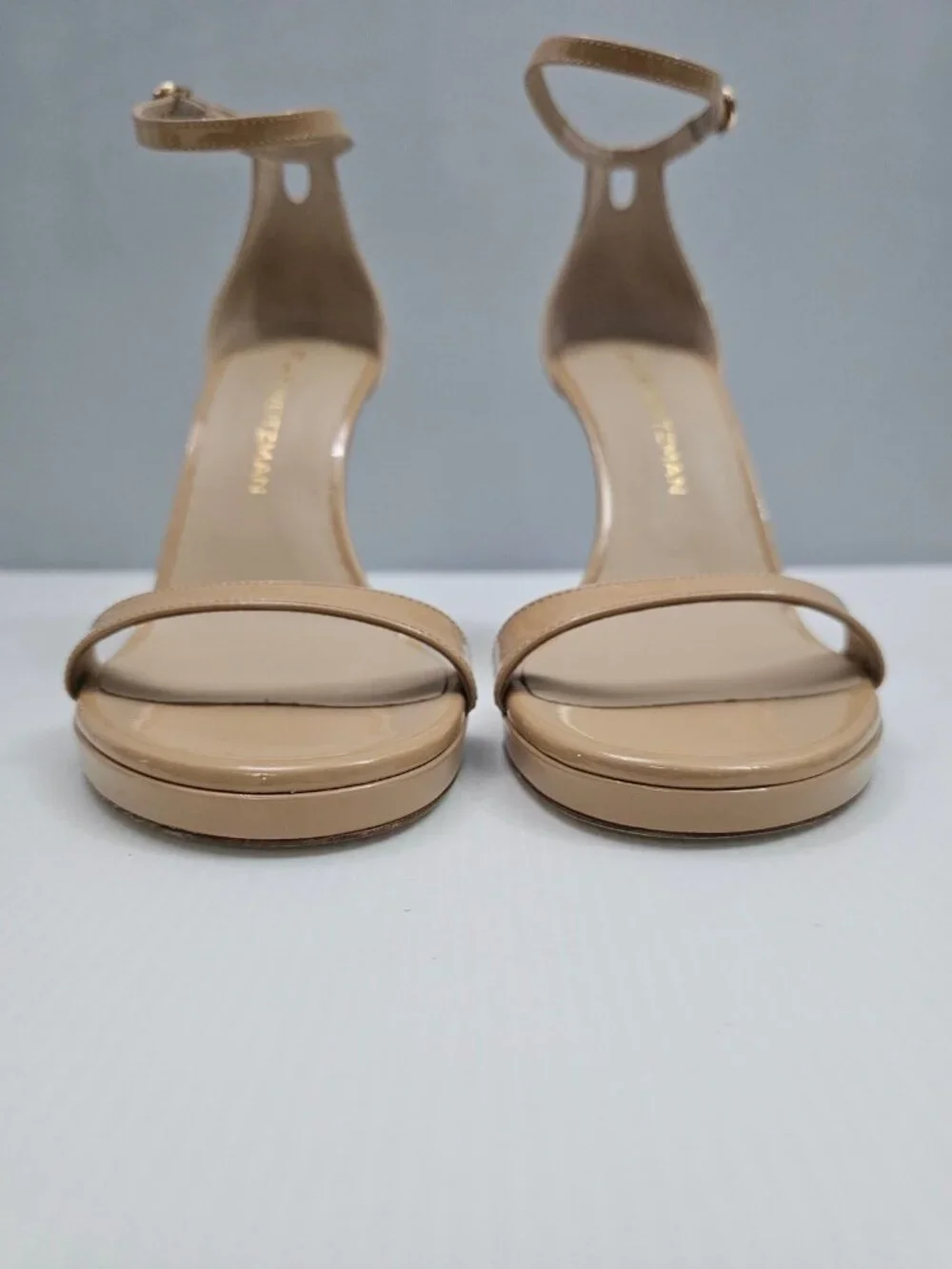 Stuart Weitzman Nudist Platform Heel Sandal Womens 9 Adobe Tan Patent Leather
